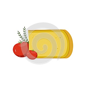 Gouda cheese, red tomatoes and green ginger leaves. Gourmet food. Natural dairy product. Flat vector design for menu