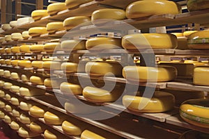 Gouda cheese wheels on shelves in a shop