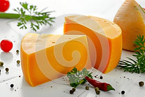 Gouda with an emphasis on its texture and color presented. Natural background