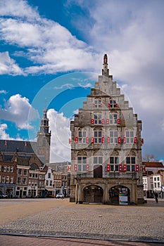 ouda Town Hall on Market square, Netherlands on a sunny day. Stadhuis van Gouda a historical building in center of the city