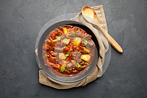 Goulash, beef stew with vegetables in tomato sauce.