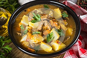 Goulash with meat and vegetables. Beef stew.