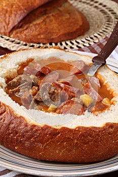 Goulash soup in a bread bowl