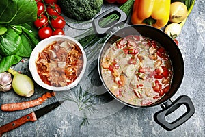 Goulash soup and colorful vegetables