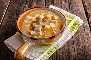 Goulash soup with croutons and potatoes