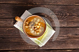 Goulash soup with croutons and potatoes