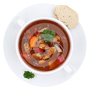 Goulash soup with meat and paprika in cup isolated from above