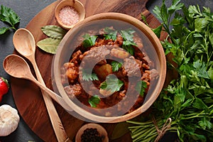 Goulash traditional Hungarian Beef Meat Stew or Soup with vegetables and tomato sauce,