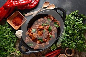 Goulash traditional Hungarian Beef Meat Stew or Soup with vegetables and tomato sauce,