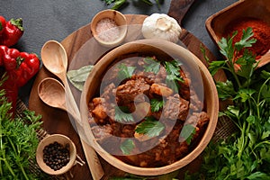 Goulash traditional Hungarian Beef Meat Stew or Soup with vegetables and tomato sauce