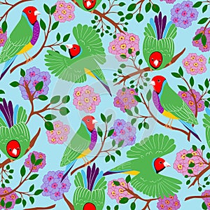 Gouldian finch birds and branches seamless pattern illustration design