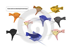 Gourami fish story, colouring book page colored