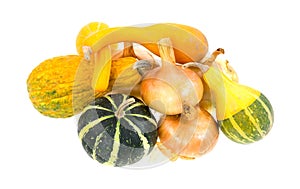 Gourds and onions on a white background