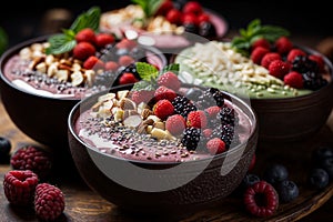 Gourmet acai bowls with fresh berries and nuts