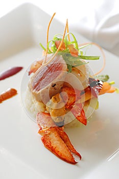 Gourmet appetizer with lobster and mussel photo