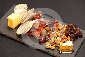 Gourmet appetizer platter with cheese, meats and nuts