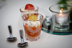 Gourmet Appetizer: Tomato Soup and Cream in Glass