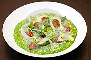 Gourmet Asparagus Soup in a white bowl