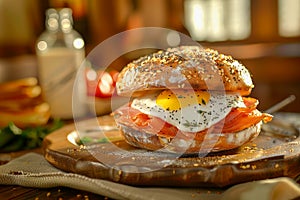 Gourmet Bagel Sandwich with Smoked Salmon and Fried Egg on Rustic Wooden Table, Morning Breakfast Setting