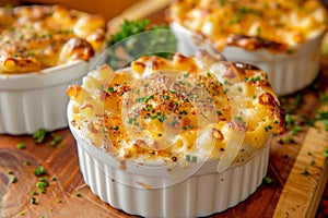 Gourmet Baked Macaroni and Cheese in Ramekins with Golden Crust on Wooden Table photo