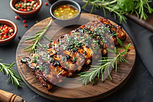 Gourmet Barbecue Ribs with Fresh Rosemary and Herb Garnish on Rustic Wooden Board Generative AI photo