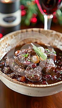 Gourmet Beef Stew with Red Wine Reduction Served in Ceramic Bowl Festive Holiday Meal Concept with Blurred Christmas Tree Backdrop