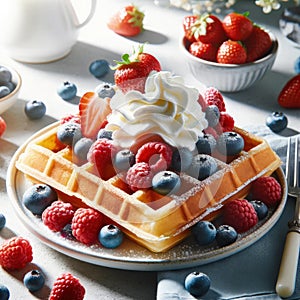 Gourmet Belgian Waffles with Fresh Berries and Whipped Cream, AI Generated