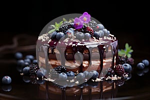 Gourmet berry chocolate cake on dark background