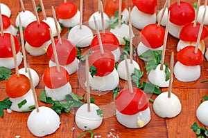 Gourmet bites of quail eggs and cherry tomatoes with parsley. Gourmet food background. Healhty food concept pattern. Egg and tomat