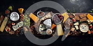 Gourmet board with cheese, fruits and crackers over dark marble background.