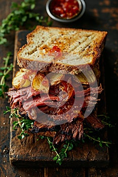 Gourmet Brisket Sandwich on Rustic Wooden Board