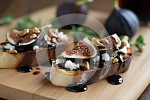 gourmet bruschetta with fig, goat cheese, and balsamic reduction