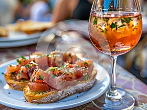Gourmet Bruschetta with Fresh Tomato and Basil on Artisan Bread Beside a Chilled Glass of Rose Wine on a Sunny Terrace