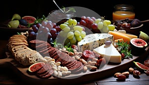 A gourmet buffet fresh fruit, bread, meat, cheese, and wine generated by AI