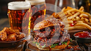 Gourmet burger with craft lager and seasoned fries on a rustic table