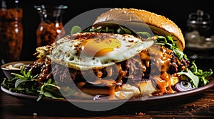 Gourmet Burger with Fried Egg and Cheddar Cheese. Generative ai