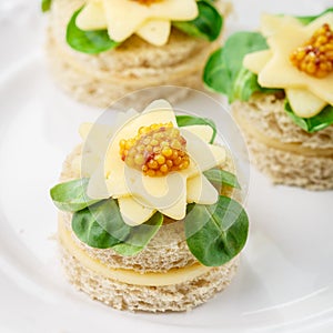 Gourmet canapÃÂ©s of bread with cheese, herbs and sweet mustard. Tasty snack for gourmets in a white plate. Antipasti. Selective photo