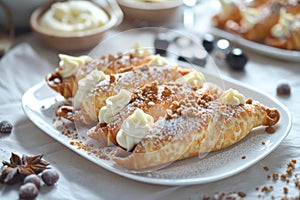 Gourmet Cannoli Served with Cream and Crumbles.