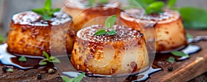 Gourmet Caramelized Creme Brulee Desserts Garnished with Fresh Mint on Wooden Background