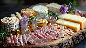 gourmet charcuterie board, a stylish charcuterie board combines handcrafted cheeses, fresh honeycomb, and edible flowers photo