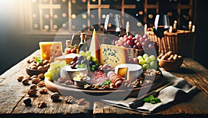 Gourmet Charcuterie and Cheese Platter with Wine, AI Generated