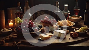 Gourmet cheese board with wine and bread generated by AI