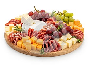 Gourmet cheese and charcuterie board isolated on white background