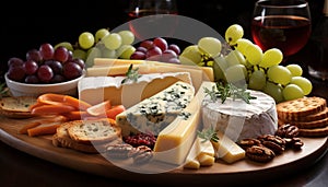 Gourmet cheese plate, wine, bread a French delicatessen generated by AI