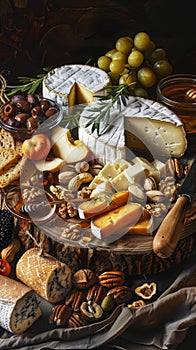 Gourmet cheese platter with assorted cheeses, fruits, nuts, and honey, beautifully arranged on a rustic wooden table.