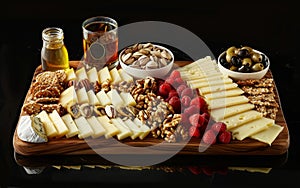 Gourmet cheese platter with assorted cheeses, fruits, nuts, and honey, beautifully arranged on a rustic wooden table.