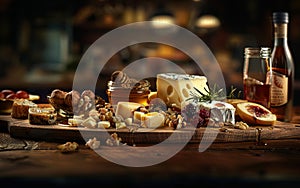 Gourmet cheese platter with assorted cheeses, fruits, nuts, and honey, beautifully arranged on a rustic wooden table.