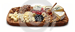 A gourmet cheese platter with assorted fruits, nuts, and honey on a wooden board, isolated on a white background.