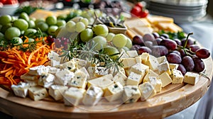 Gourmet cheese platter with fresh fruits and vegetables at a social event