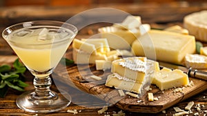 Gourmet Cheese Platter with Refreshing Martini Cocktail on Wooden Table